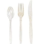 MATANA 300 Gold Glitter Plastic Silverware Set 100 Spoons 100 Knives 100 Forks, Heavy Duty Clear ...