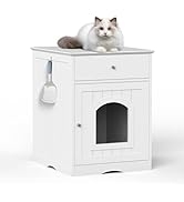 Smart Fendee White Cat Litter Box Furniture, Adorable Wooden Pet House Cat Litter Box Enclosure w...