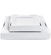 MATANA 40 Fancy White Plastic Plates for Party with Silver Rim - Heavy Duty Square Dinner Plates ...