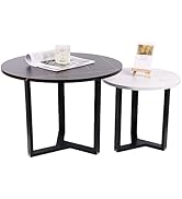 ZHANYUN Black and White Faux Marble Coffee Tables Set of 2，23.6in Round Tables ，Stylish Rubberwoo...