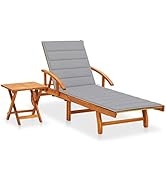 GOLINPEILO Wood Patio Sun Lounger with Table, Gray Cushion and Adjustable Backrest and Footrest, ...