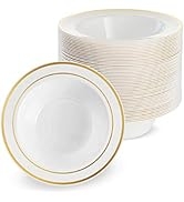 MATANA 25 Pack Plastic Bowls for Parties in White with Gold Rims, 7.5" Inch (12oz) Reusable Sturd...