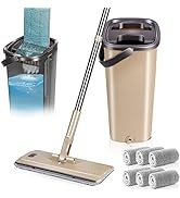 Midyb Flat Mop and Bucket System, Hands Free Flat Floor Mop and Bucket with Wringer Set, Stainles...