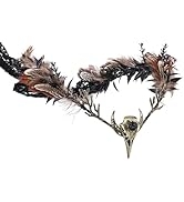 MOSTORY Handmade Brown Feather Crown - Gothic Flower Headpiece Elf Moon Cirlet with Crow Skull Da...