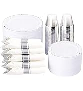 WELLIFE 350Pcs Silver Plastic Plates with Disposable Silverware and Cups, Include: 50 Dinner Plat...