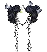 MOSTORY Black Gothic Flower Headband - Handmade Elf Headpiece with Butterfly Dark Floral Fairy Cr...