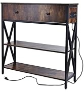 ZHANYUN Industrial Console Table with 2 Outlets, 2 USB Ports, and Storage - Rustic Brown Narrow S...