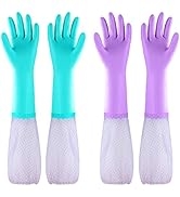 Reusable Dishwashing Cleaning Gloves with Latex Free, Long Cuff,Cotton Lining,Kitchen Gloves 2 Pa...