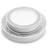 MATANA 40 Sliver Plastic Plates with White & Silver Lace Trim - 20 Dinner Plates 10.25" Inch, 20 ...