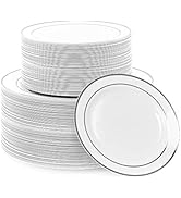 MATANA 120 Disposable Sliver Plastic Plates for Party 60 Guests, White and Silver Rim - 60 Dinner...