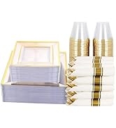 WELLIFE 350 PCS Gold Plastic Square Dinnerware, Disposable Gold Plastic Plates, Includes: 50 Dinn...