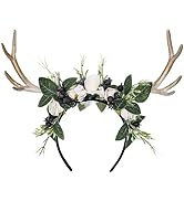 MOSTORY Handmade Deer Horns Headband - Flower Antler Hairband Woodland Reindeer Headpiece with Be...