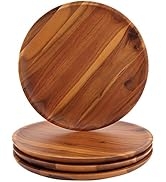 AIDEA Acacia Wood Dinner Plates, 8Inch Round Wood Plates Set of 4, Easy Cleaning & Lightweight fo...