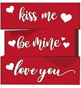 Whaline Valentine's Day Decor 3-layered Red Wood Block Valentines Decorations Kiss Me Be Mine Lov...