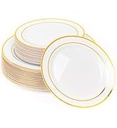 MATANA 60 pc Reusable Gold Plastic Plates with White Gold Rim - 30 Dinner Plates 10.25" Inch, 30 ...