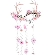 MOSTORY Pink Fairy Antler Headpiece - Handmade Elf Flower Crown Woodland Floral Circlet Elven Wre...