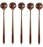 Long Spoons Wooden, 5 Pieces Korean Style 10.9 inches 100% Natural Wood Long Handle Round Spoons ...