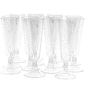 MATANA 50 Silver Glitter Plastic Champagne Flutes 5oz Clear Plastic Toasting Glasses, Mimosa Glas...