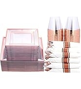 WELLIFE 350 PCS Rose Gold Square Plastic Plates, Disposable Rose Gold Dinnerware, Includes: 50 Di...