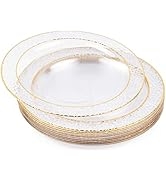 MATANA 20 Reusable 10.25 Inch Clear Plastic Party Plates Hammered Gold Rim - Premium Heavy Duty D...