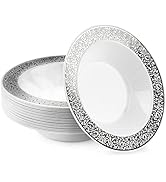 MATANA 20 pc Premium Plastic Party Bowls with Silver Lace Rim (7" Inch/ 12oz) Heat Resistant, Hea...