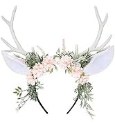 MOSTORY Handmade Deer Ear Flower Antler Headband - Woodland Floral Reindeer Hairband Fairy Forest...