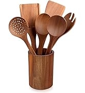 Acacia Wood Utensils Set with Holder 7Pcs,Nonstick Wooden Kitchen Utensil Set,Wooden Spoon Set in...