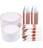 WELLIFE 350 Pieces Rose Gold Plastic Dinnerware, 50 Guests Disposable Plates with Rose Gold silve...