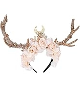 MOSTORY Handmade Gold Flower Antler Headband - Reindeer Floral Hairdband Woodland Deer Horn Headp...