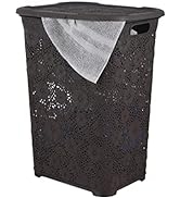 Laundry Hamper With Lid Lace Design 50 Liter - Brown Laundry Hamper Basket With Cutout Handles, R...