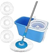 Microfiber Spin Mop and Bucket, Spin Mop & Bucket Floor Cleaning Set + 3 Extra Refills, Stainless...