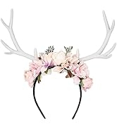 MOSTORY Handmade Pink Flower Antler Headband - Fairy Woodland Reindeer Headpiece Forest Floral Ha...