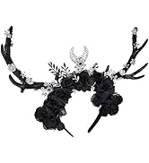 MOSTORY Handmade Black Flower Deer Horns Headband - Dark Floral Antler Crown Gothic Reindeer Hair...