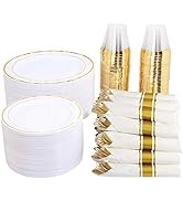 WELLIFE 350 Pieces Gold Plastic Plates with Disposable Silverware and Cups, Include: 50 Dinner Pl...