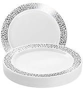 MATANA 20pc Elegant Sliver Plastic Plates with White & Silver Lace Trim 10.25" Inch - Multi-use D...