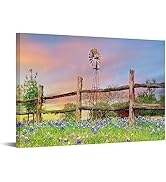 Conipit Texas Landscape Wall Art Rustic Windmill Artwork Wildflowers Bluebonnets Canvas Texa Coun...