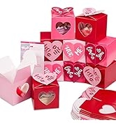 Whaline 24Pcs Valentine's Day Treat Boxes Red Rose Red Pink Heart Cardboard Box with Window 3 Inc...