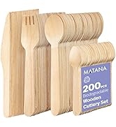 MATANA 100% Natural Disposable Wooden Cutlery Set - 200 Pcs (50 Forks, 50 Knives, 50 Spoons, 50 T...