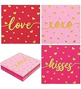 Whaline 75 Pack Valentine's Day Napkins 6.5 x 6.5 Inch Red Pink Gold Foil Dinner Napkins Love XOX...