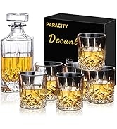 PARACITY Whiskey Decanter and Glasses Set, Crafted Crystal Liquor Decanter Set with 6 Whiskey Gla...