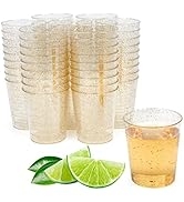 MATANA 200 Gold Glitter Shot Glasses 2oz - Elegant Clear Plastic Party Cups Tumblers for Wine Tas...