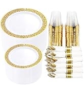 WELLIFE 350 Pieces Gold Plastic Dinnerware,Disposable Gold Lace Plates, Include:50 Dinner Plates,...