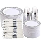 WELLIFE 350 Pieces Silver Disposable Plastic Dinnerware, Silver Lace Plates for Wedding & Party, ...