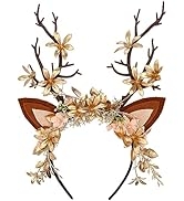 MOSTORY Handmade Antler Branch Headband Gold - Adjustable Reindeer Tree Crown with Flowers Floral...