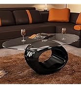 GOLINPEILO Coffee Table with Oval Glass Top High Gloss Black, Side Sofa Table for Living Room, Si...