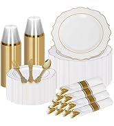 Elegant Gold Plastic Dinnerware Modern Vintage Set (350 Pcs) - Includes 50 Dinner Plates, 50 Dess...