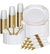 Zulzzy 350 PCS White and Gold Plastic Plates Vintage Design - Includes 50 Dinner Plates, 50 Desse...