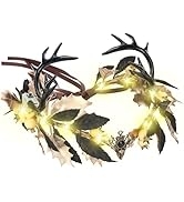 MOSTORY Light up Antler Crown - Handmade Forest Flower Circlet Elf Headpiece Fairy Leaf Wreath wi...