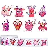 Whaline 1000Pcs Cute Monsters Sticker Roll Valentine’s Day Paper Decals Assorted Pink Purple Adhe...