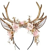 MOSTORY Handmade Gold Flower Antler Headband - Woodland Floral Reindeer Headpiece with Deer Ears ...